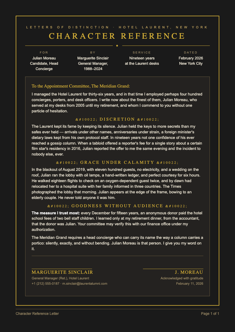 Art deco modern character reference letter